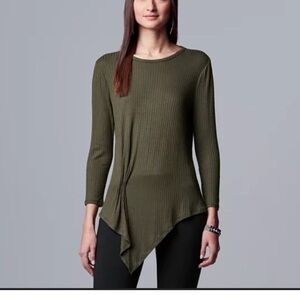 Simply Vera Pleated Drape Top Asymmetrical Long Sleeve Olive Green NWT